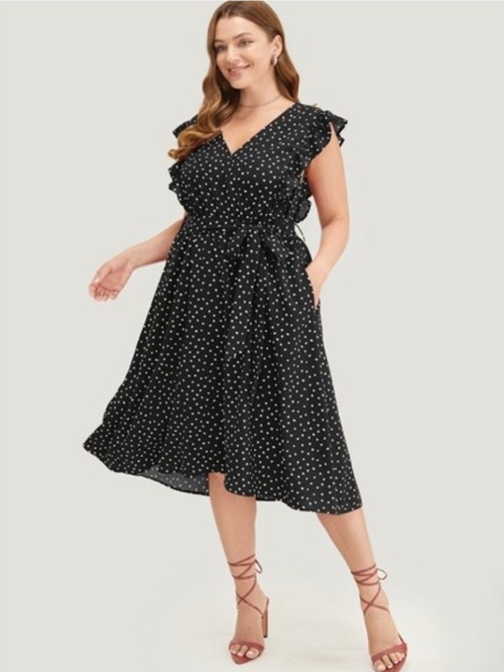 BloomChic Black Polka Dot Ruffle Trim V-Neck Midi Dress Size 14/16 (1X)